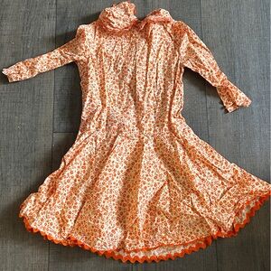 Vintage 60s 70s Floral Long Sleeve Dress in Orange and White